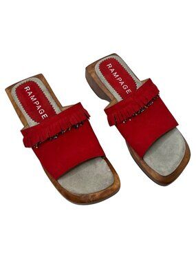 Rampage Womens y2k Red Suede Beaded Fringe Wood Clog Slide Sandals Size 7